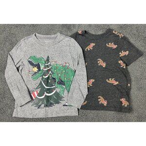 4T Boy Dinosaur Shirts Holiday Christmas Set 2 Gray Tree Cookies T-rex Carters 5